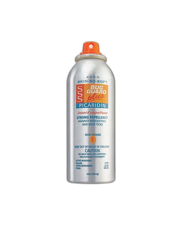 Avon Skin So Soft Bug Guard Plus Picaridin Aerosol Spray bottle on an illustrated mountain trail backdrop
